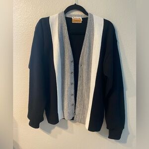 50s 60s  Varsity Sweater Black Striped Cardigan Orlon Campus Size L